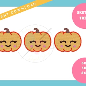 May include: Three orange and red smiling pumpkin embroidery designs with the text "Sketch Trio" and "6x6 5x7 8x8" in pink circles.