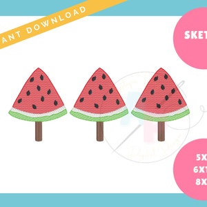 May include: Three embroidered watermelon slice designs in red, green, and black. The designs are in three different sizes: 5x7, 6x10, and 8x8. The word "SKETCH" is in a pink circle at the top right of the image.