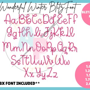 May include: A pink alphabet font with a stitch design. The font is called "Wonderful Winter Blitz Font" and includes sizes from 1.0 to 2.0 inches. The text "BX Font Included" is at the bottom of the image.