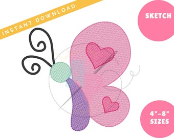 Girly Heart Butterfly Sketch Embroidery Design | Machine Applique Embroidery Design | Quick Sketch Stitch | Instant Download