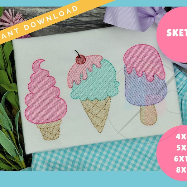 Summer Treats Trio Sketch Ice Cream Cones and Popsicle | Machine Embroidery Design |Quick Stitch Light Fill | Instant Download