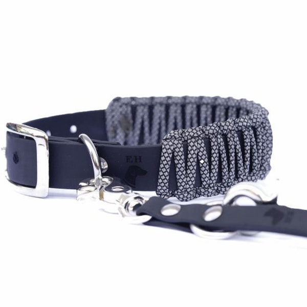 Biothane paracord collar reflective - vegan, waterproof, adjustable and personalized with name and phone number - collar leash set