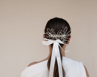 Floral Hair Clip | Bridal Hair Piece | Pearl & Crystal Wedding Head Piece | White Bow Tiara