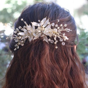 Floral Hair Clip for Bridal Hair Piece for Bride Crystal Wedding Head Piece White