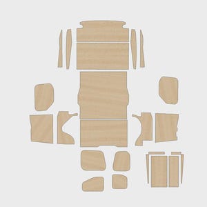 Puede incluir: Un conjunto de paneles de madera precortados de varias formas y tamaños, dispuestos sobre un fondo gris claro. Los paneles son de color marrón claro, probablemente sin terminar, y parecen estar diseñados para un proyecto de construcción o aplicación de diseño de interiores específico.