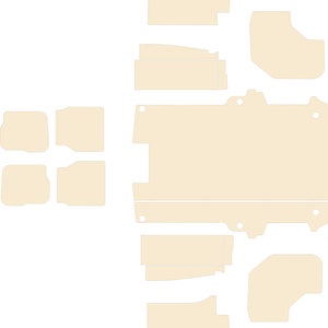 Könnte beinhalten: Ein Satz beigefarbener Autofußmatten. Das Set enthält zwei Fußmatten für die Vorderseite, zwei Fußmatten für die Rückseite und eine Kofferraummatte.