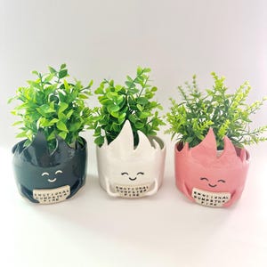May include: Three ceramic planters shaped like flames, each holding a green plant. One is black, one is white, and one is pink. Each planter has a smiling face and the text "EMOTIONAL DUMPSTER FIRE".