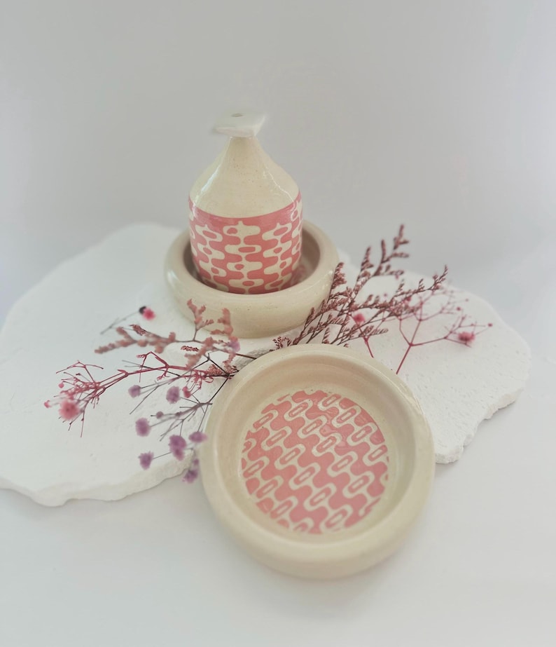 Retro Ceramic Waterbell & Container Set | Self-Watering Plant Tool | Mid-Century Modern Design | Unique Planter Accessory Pink Coaster