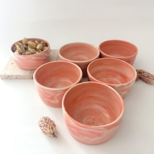 May include: A collection of six small, round ceramic bowls in a coral and white marbled design. One bowl is filled with pistachios. The bowls are arranged on a white surface, with a dried flower for decoration. The bowls are ideal for serving snacks.