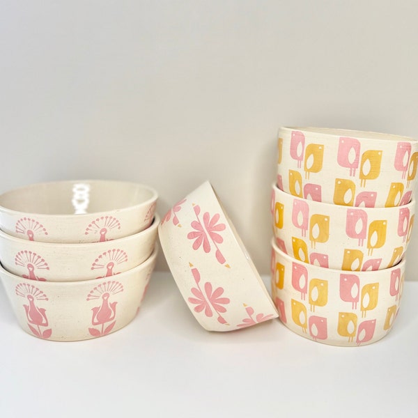 Handmade Bird Lover’s Bowl Set | Mid-Century Modern | Scandinavian Style | Pink Kitchenware | Handmade Bowls | Ceramic Bowl Set | Serveware