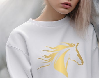 Gold Horse Sweatshirt.Reit-Sweatshirt, Damen Reit-Sweatshirt, Mädchen-Reit-Sweatshirt. Pferde-Sweatshirt, Reiter-Sweatshirt reiten