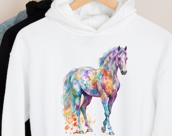 Girls Horse Hoodie hooded sweatshirt, horse sweatshirts girls, riding clothing girls, winter hoodie equestrian colourful horse hoodie gift