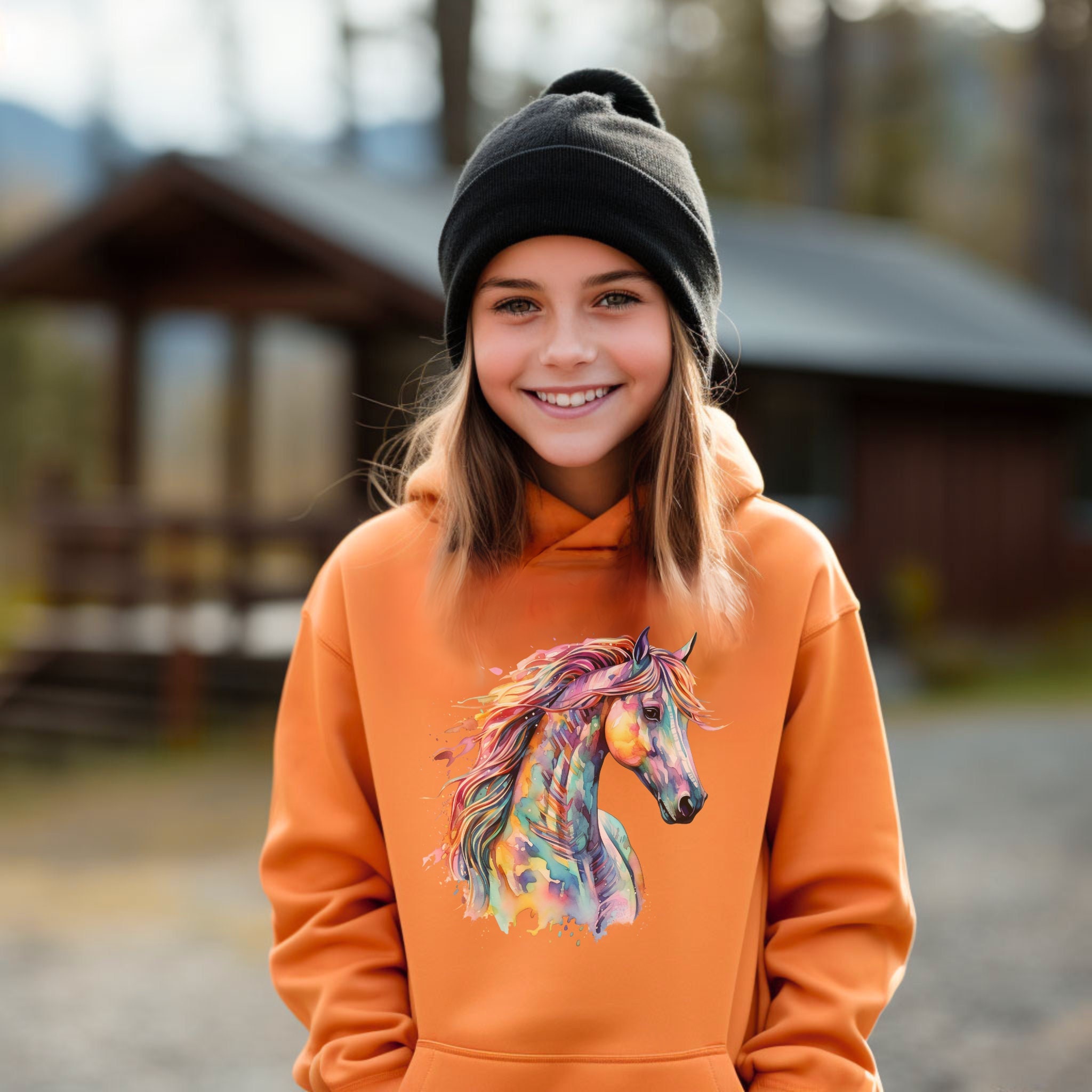 Girls Horse Hoodie. Girls hooded sweatshirt, horse sweatshirts girls, riding clothing girls, winter hoodie equestrian colourful horse hoodie