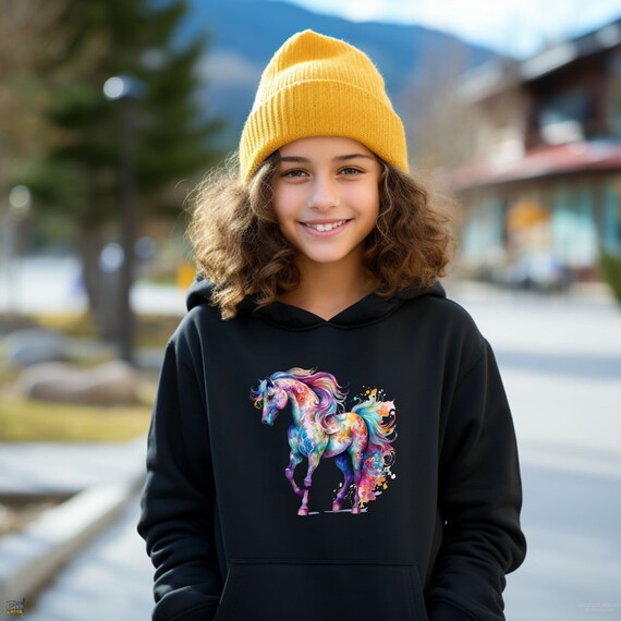 Girls Horse Hoodie. Girls Hooded Sweatshirt Horse Sweatshirts Girls Riding Clothing Girls Winter Hoodie Equestrian Colourful Horse Hoodie Etsy UK