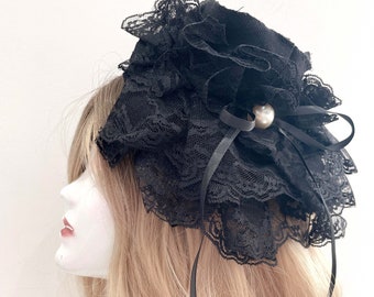 FN37 Elegant Lolita Black Canvas Hat with Lace Ribbon Immitation Pearl Fascinator Hat Headband