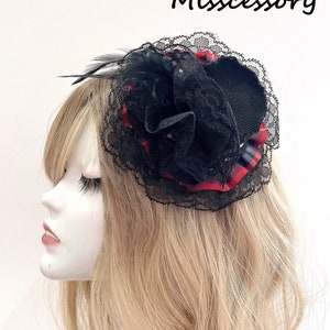 FN08 Elegant Lolita Black & Red Plaid Pattern with Lace and Feather Rhinestone Mini Canvas Hat Corsage Hair Clips Fascinator Pin