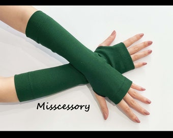 Long Solid Military Green Jersey Knitted Cut and Sewn Soft Fingerless Arm Warmers Great for Party and Prom