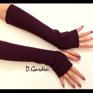 Long Cozy Solid Burgundy Jersey Knitted Cut and Sewn Soft Fingerless Arm Warmers Great for Party and Prom