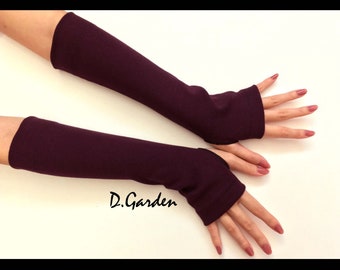 Long Cozy Solid Burgundy Jersey Knitted Cut and Sewn Soft Fingerless Arm Warmers Great for Party and Prom