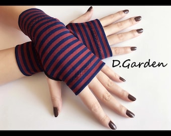 Short Cozy Navy Brown Stripes Jersey Knitted Cut and Sewn Soft Fingerless Arm Warmers Great for Party and Prom