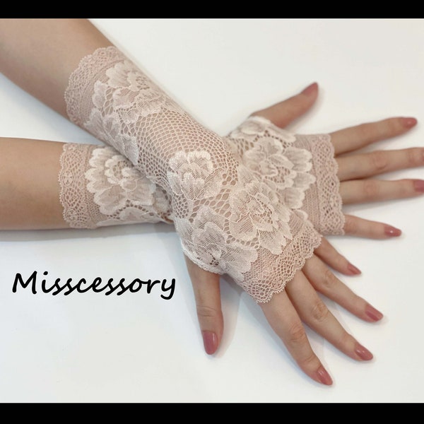 BG08 Elegant Lolita Gothic Stylish Costume Wedding Pastel Beige Floral Lace Victorian Sexy Fingerless Evening Gloves / Arm Warmers