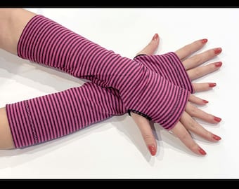 AW77 Long Cozy Purple & Pink Stripes Jersey Knitted Cut and Sewn Soft Fingerless Arm Warmers Great for Party and Prom