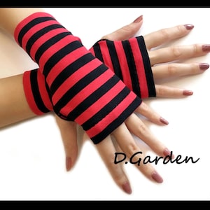 Short Black and Red Stripes Floral Knitted Cut and Sewn Soft Fingerless Arm Warmers Great for Party and Prom