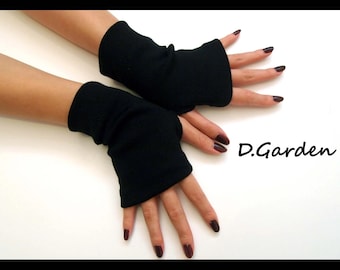 Short Cozy Thin Solid Black Jersey Knitted Cut and Sewn Soft Fingerless Arm Warmers Great for Party and Prom