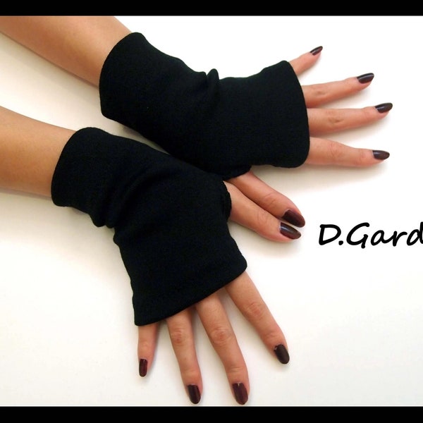 Short Cozy Thin Solid Black Jersey Knitted Cut and Sewn Soft Fingerless Arm Warmers Great for Party and Prom