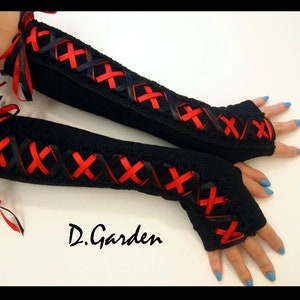 Long Cozy Fancy Black & Red Ribbon Victorian Croset Ribbon Jersey Knitted Cut and Sewn Soft Fingerless Arm Warmers Great for Party and Prom