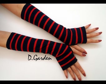 Long Navy and Red Stripes Floral Knitted Cut and Sewn Soft Fingerless Arm Warmers Great for Party and Prom