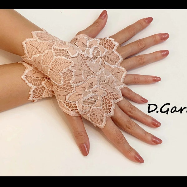 RD17 Elegant Lolita Gothic Stylish Costume Wedding Fancy Light Pink Floral Lace Victorian Sexy Fingerless Evening Gloves / Arm Warmers