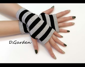 Short Black and Gray Stripes Floral Knitted Cut and Sewn Soft Fingerless Arm Warmers Great for Party and Prom