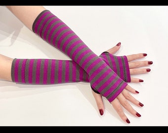 AW70 Long Cozy Purple & Brown Stripes Jersey Knitted Cut and Sewn Soft Fingerless Arm Warmers Great for Party and Prom