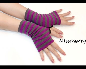 Short Cozy Purple & Brown Stripes Jersey Knitted Cut and Sewn Soft Fingerless Arm Warmers Great for Party and Prom