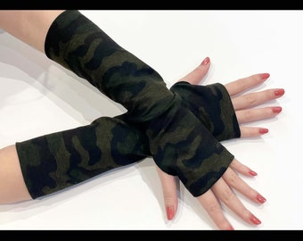AW74 Long Cool Camouflage Military Green Jersey Knitted Cut and Sewn Soft Fingerless Arm Warmers Great for Party and Prom