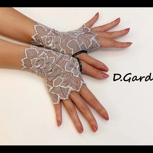 GY02 Elegant Lolita Gothic Stylish Costume Wedding Solid Light Gray Floral Lace Victorian Sexy Fingerless Evening Gloves / Arm Warmers