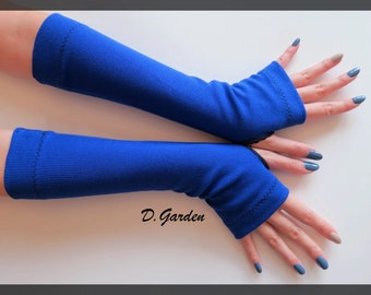 Long Cozy Solid Royal Blue Jersey Knitted Cut and Sewn Soft Fingerless Arm Warmers Great for Party and Prom