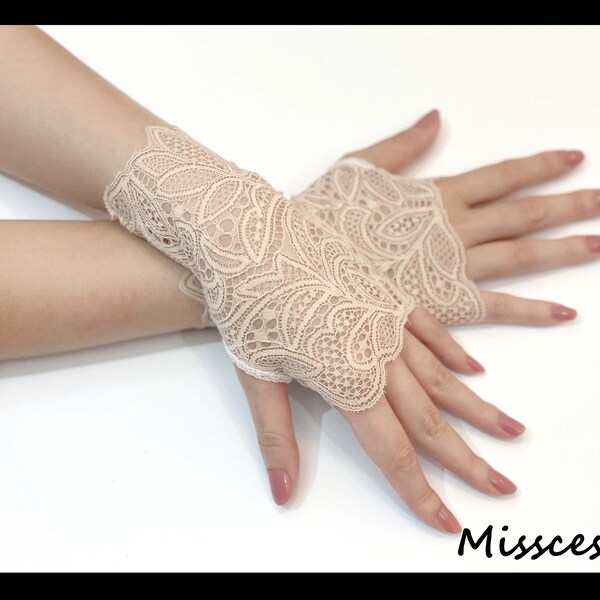 BG03 Elegant Lolita Gothic Stylish Costume Wedding Pastel Beige Floral Lace Victorian Sexy Fingerless Evening Gloves / Arm Warmers