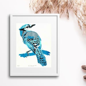 Geai bleu, oiseau sérigraphié fait main, édition limitée