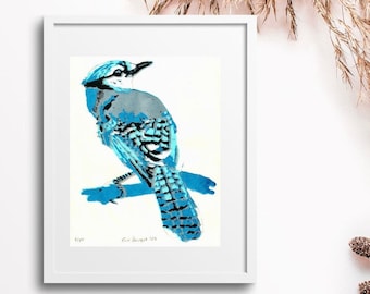 Blue jay, handmade screen printed bird, limited edition