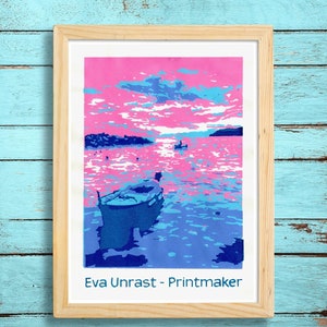 Coucher de soleil pop art au bord de la mer, décoration murale, sérigraphie édition limitée