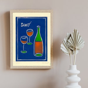 Garrafa de vinho com taças, linogravura, imagem, única, torrada, mural estilizado de meados do século moderno