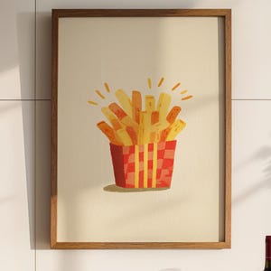 Minimal French Fries Art Print Funny Kitchen Wall Decor Digital Download Poster Aesthetic Fast Food Illustration