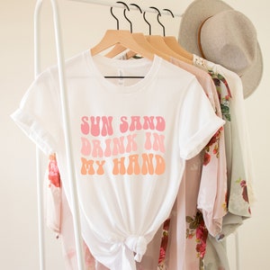 Wavy Sun Sand Drink In My Hand, Ring On My Hand, Retro Batch Shirts, Bachelorette Party Shirts, Bachelorette T-shirt, Retro Cream Shirt