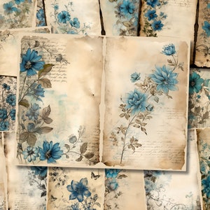 Pagina di diario di spazzatura con acquerello floreale blu stracciato, carta per diario floreale, kit di diario di spazzatura chic, foglio di collage stampabile, vecchia carta per decoupage