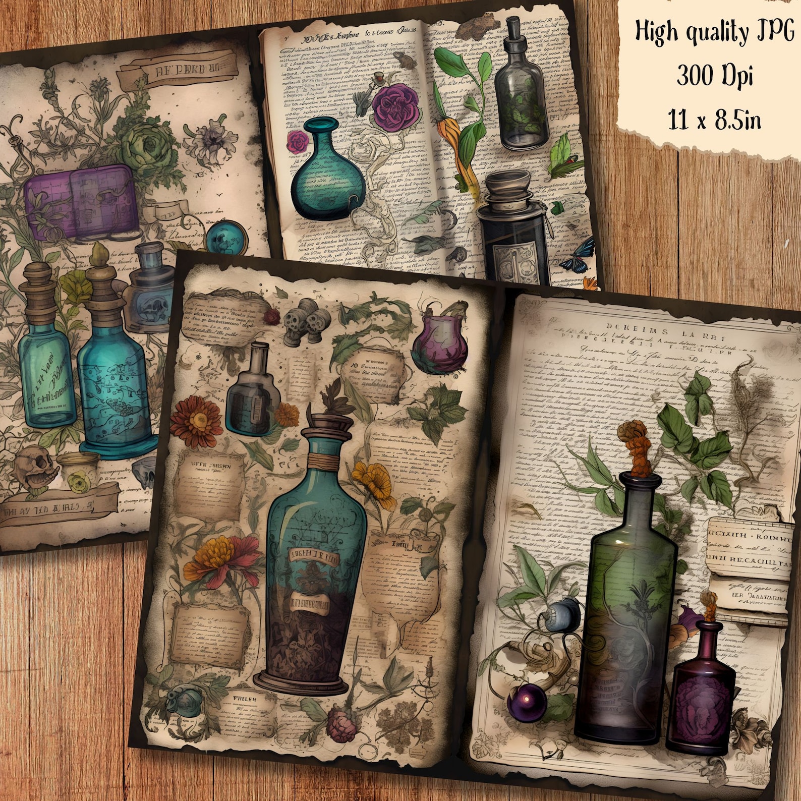 Mystic Potion Watercolor Junk Journal Page Vintage Apothecary Fantasy ...