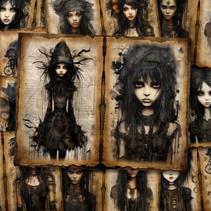 May include: A collage of digital art featuring dark haired girls with pale skin and dark eyes. The girls are wearing dark clothing and have a gothic aesthetic. The images are set against a background of old, textured paper.