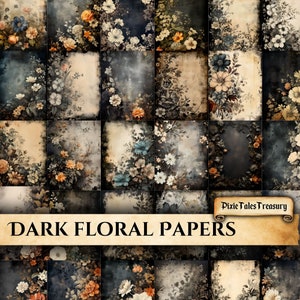 Sfondo floreale scuro Carta Junk Journal Kit Foglio decorativo Collage Scrapbooking Mixed Media Art Pagine Motivo floreale Decoupage Download