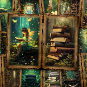 Forest Book Lover Junk Journal Kit Librarian Magic Library Collage Sheet Paper Green Academia Fantasy Magic School Scrapbooking Art Download